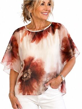 986.NWT Made in Italy Silk. blend Floral Sheer Flutter Sleeve Top - Rust Floral